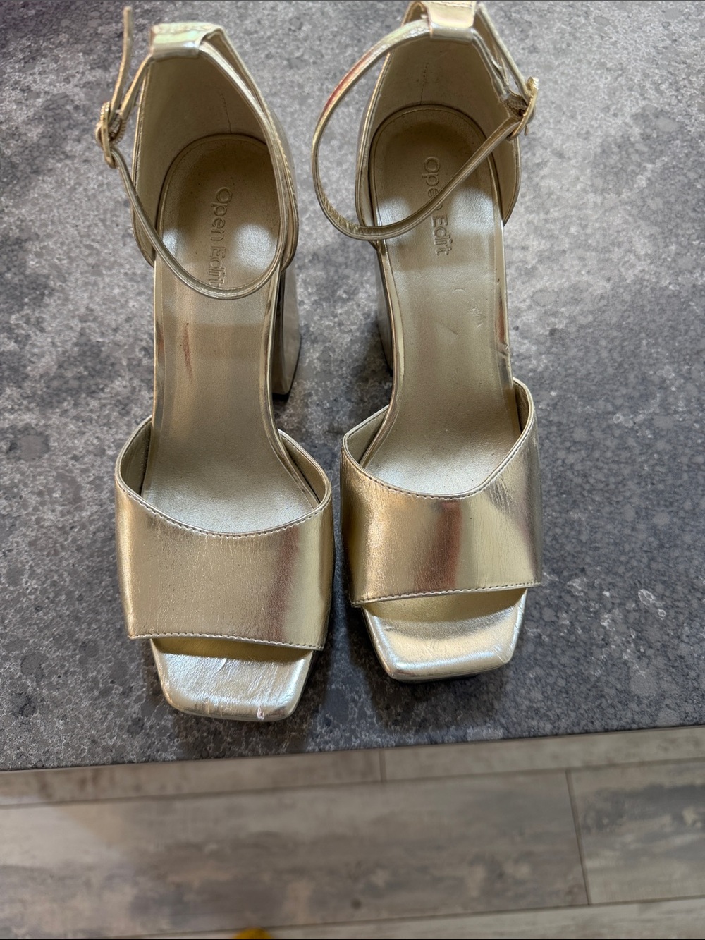 Gold Ankle-Strap Block Heel Sandals